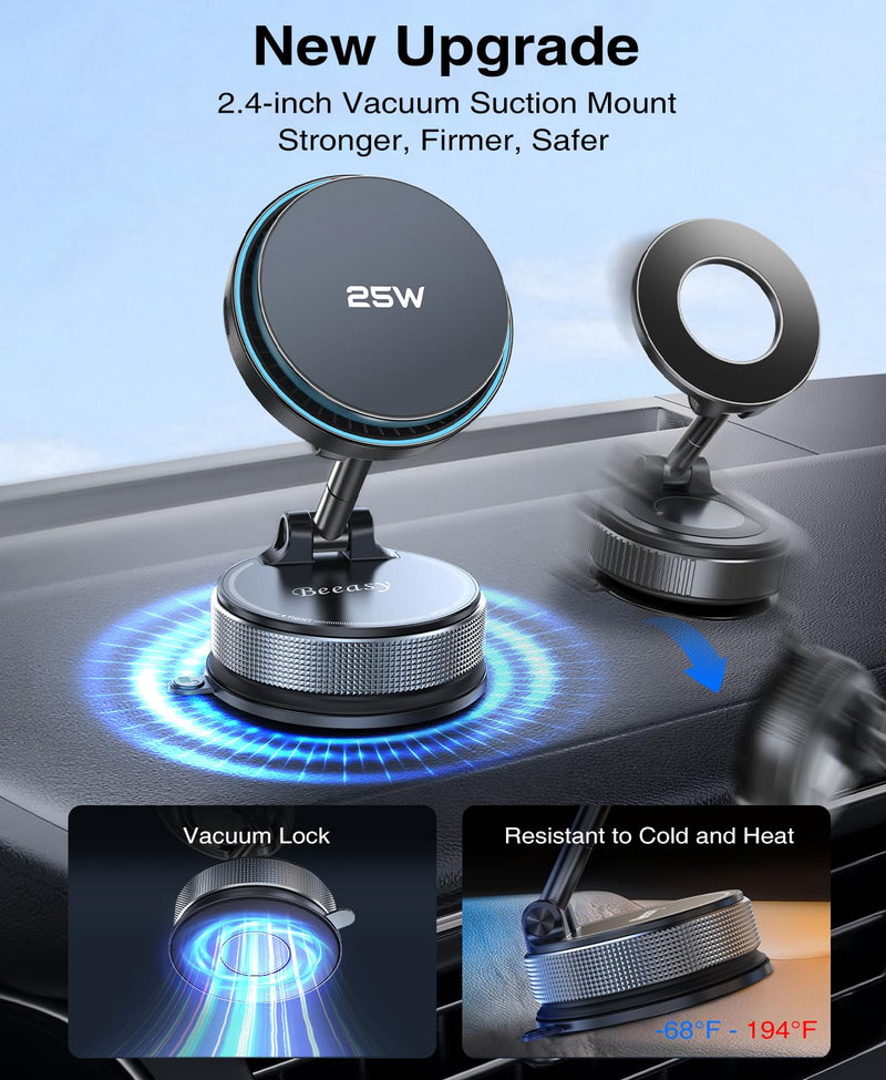 Beeasy 25W Qi2.2 MagSafe Car Mount Charger Built-in Cooling Fan, Upgraded Vacuum Suction Cup 360° Rotation, Magnetic Wireless Car Charger with 63W Adapter for iPhone 17 16 Pro Max Samsung S26 Ultra Black