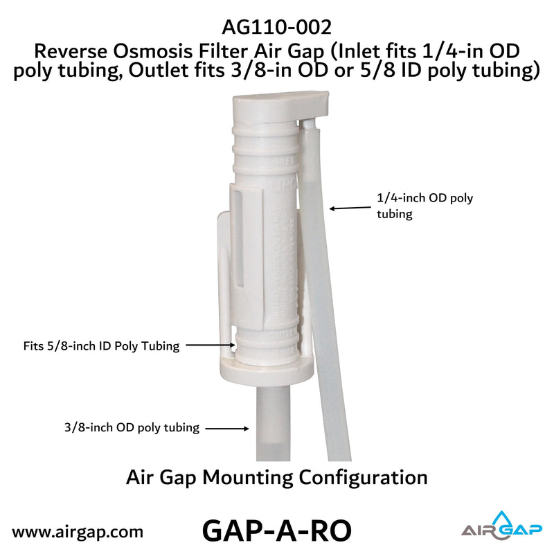 Reverse Osmosis Filter Air Gap (Inlet fits 1/4-in OD poly tubing, Outlet fits 3/8-in OD or 5/8-in ID poly tubing; AG110-002, KIT S-B, GAP-A-RO)