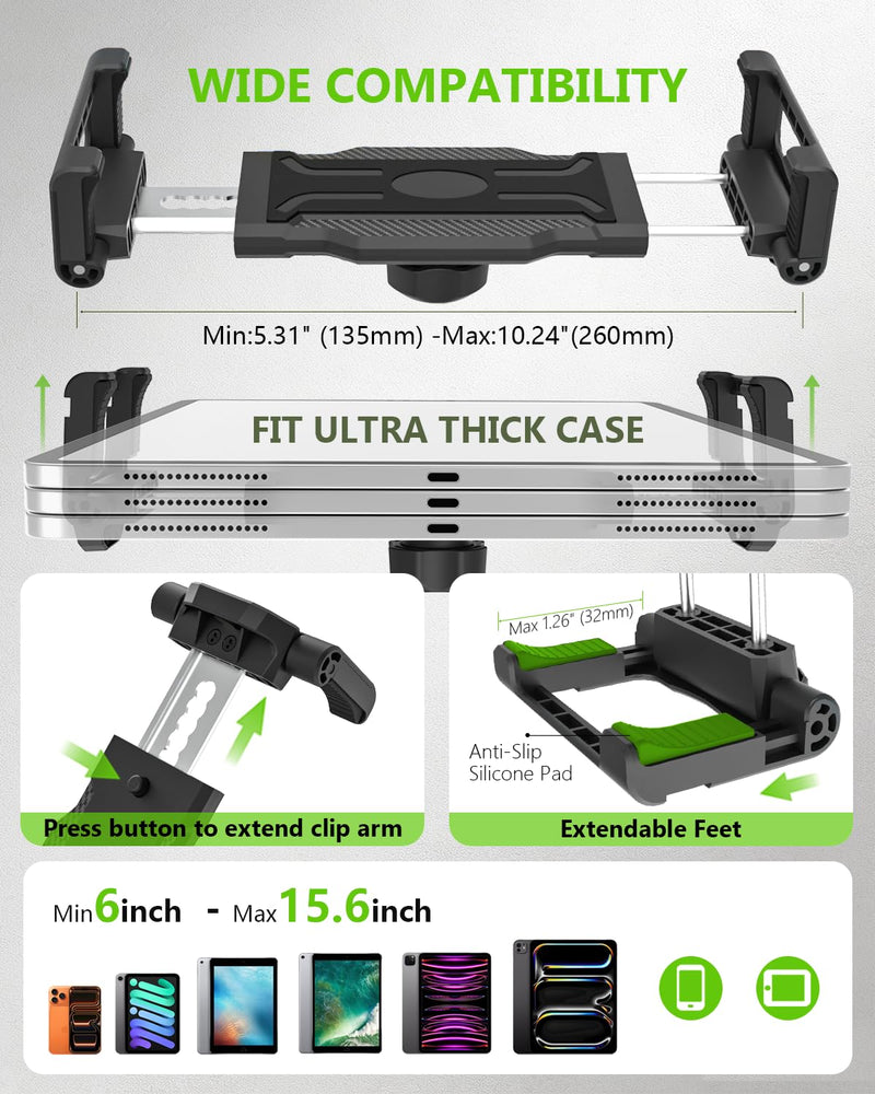 Camping Tablet Holder, Adjustable Clip-on Stand for RV & Picnic | C-clamp fits 2.36" surfaces, 360° rotatable, tool-free installation, compatible with 6–15.6" phones & tablets