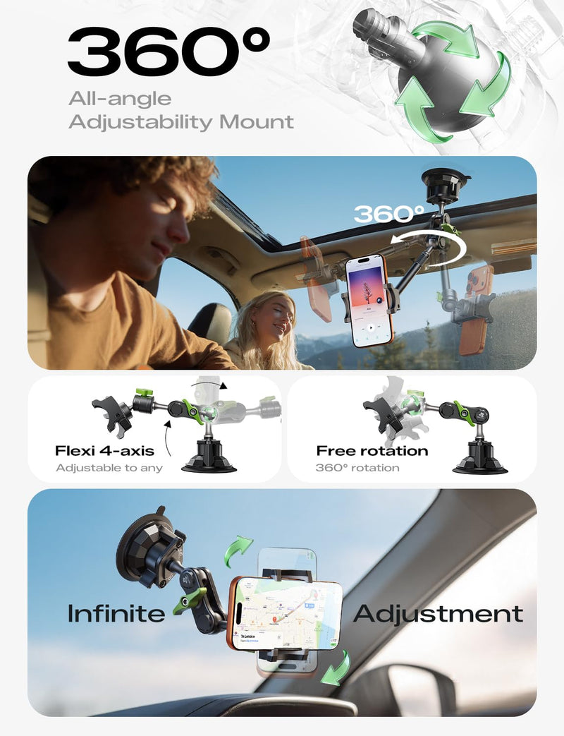 MAGIC JOHN Durable Metal Phone Holders for Your Car, Windshield Car Mount | Durable Metal Build, 360° Rotation, Strong Suction Cup Mount, Fits Windshield, Compatible With All 4-7" Smartphones. Extended