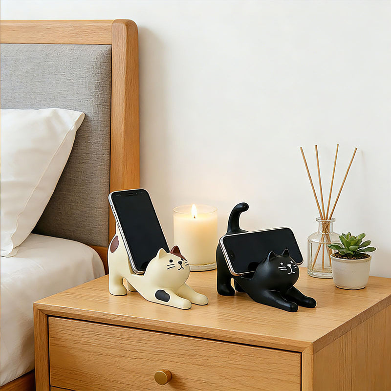 Phone Holder Stand for Desk, Cute Cell Phone Mount for Office Tablet Accessories Gifts, Cool Desktop Decor Gadgets to Support Your Cellphone for Men Women Boys Girls - Black Cat Kawaii