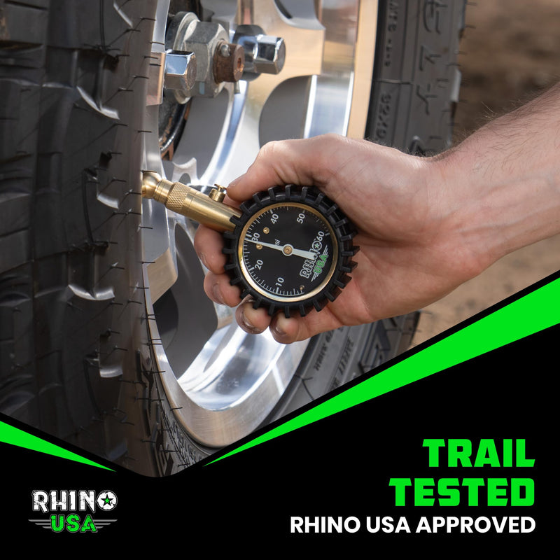 Rhino USA Heavy Duty Tire Pressure Gauge (0-60 PSI) - Certified ANSI B40.1 Accurate, Large 2" Easy Read Glow Dial, 360 Swivel Head, Solid Brass Hardware, Best for Any Car, Truck, Motorcycle, RV 60 PSI Compact