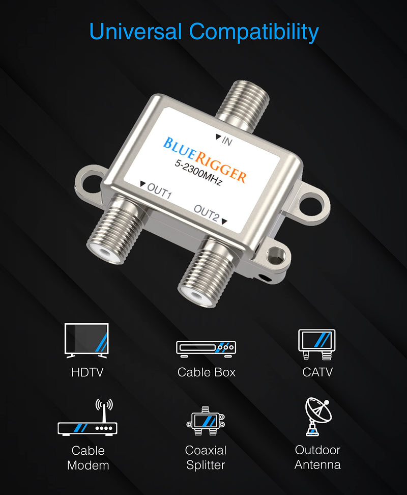 BlueRigger 2-Way Coaxial Cable Splitter 2 Pack (RG6 Two Way Mini Diplexer, F-Type, 2.3GHZ 5-2300MHz) Digital Signal Female Coax Splitter - Works with Satellite, Antenna, HDTV, Cable TV, Dish, CATV