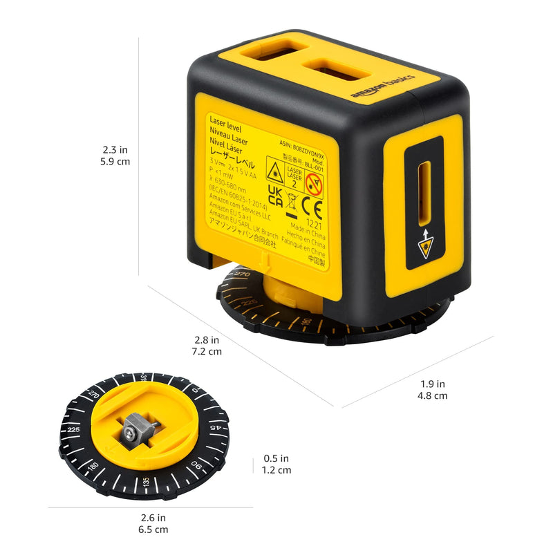 Amazon Basics 360 Degree Rotating Laser Class II Level for Picture Hanging and Home Renovation, 2 Extra-Large Backlit Bubble Vials, 16 ft / 192 in, Yellow/Black 360-degree
