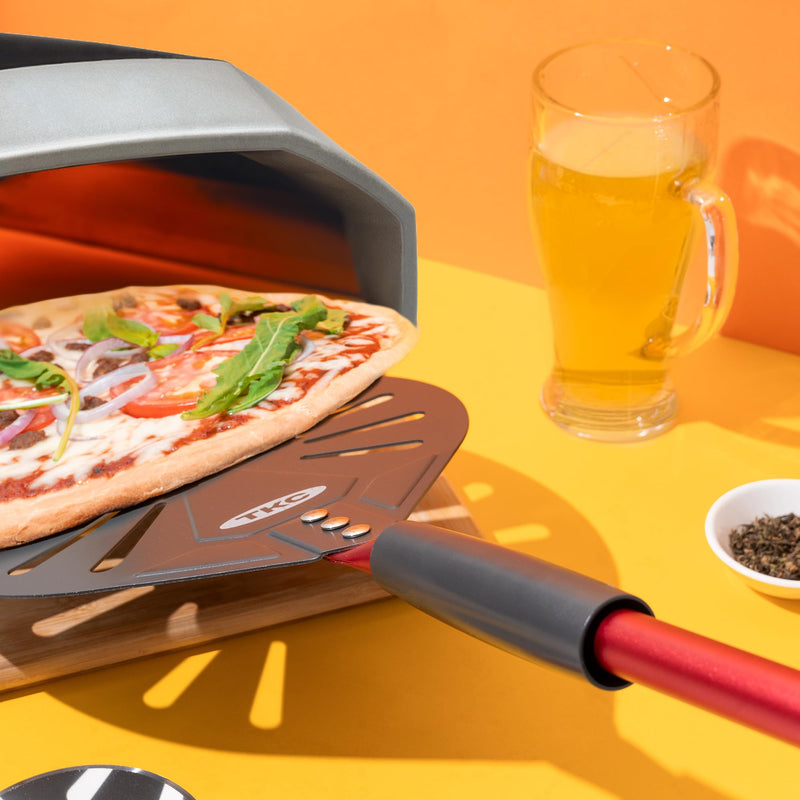 TKC 9" Perforated Pizza Peel, Professional Aluminum Pizza Turning peel, Long Handle Metal Pizza Spatula for Indoor and Outdoor, Lightweight Non-Stick Pizza Turner - Pizza Oven Accessories RED 9 Inch Red/Gray