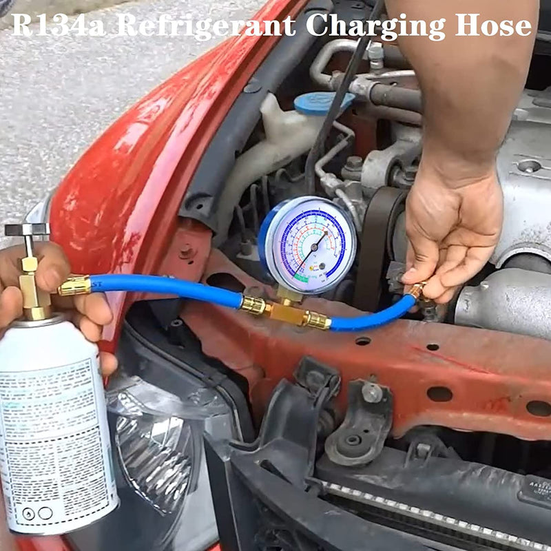 Refrigerator Freon Recharge Hose with Gauge Kit-A/C R134a R12 R22,Universal Retrofit Valve,with BPV31 Bullet Piercing Tap Valve,R134a Self-Sealing Adapter for Home/Car A/C Refrigerant System (5) 5