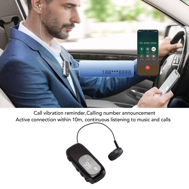 ciciglow Retractable Wireless Headset, Clip on Bluetooth Headphone with LCD Digital Power Display, Lightweight Sports Running Business Trucker Driver Music Earphone for Phone Electroplated Bright Black