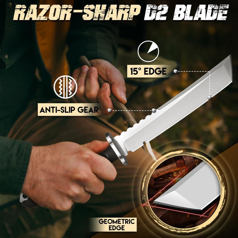 Purple Dragon Japanese Fixed Blade Knife with Sheath - D2 Steel Tanto Knife, Cool Survival Knives with Full Tang Handle, Camping Knives for Bushcraft Outdoor, Gifts for Men Black