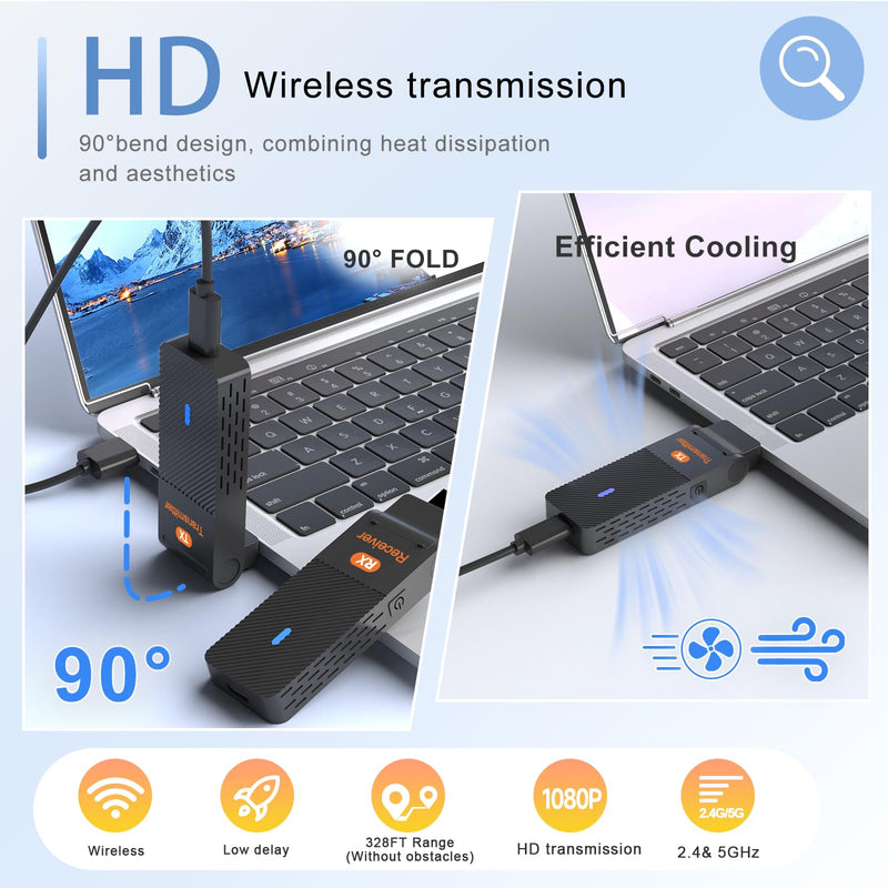 ALL-LUCKY Wireless HDMI Transmitter & Receiver Kit, 90° Bend Design 328FT | 4K Decode,1080P@60Hz,2.4G/5.8G & Cooling Vents,Plug&Play,Wireless Display Adapter Extender for Laptop/PC/TV/Projector/Monitor Wireless HDMI Transmitter/Receiver