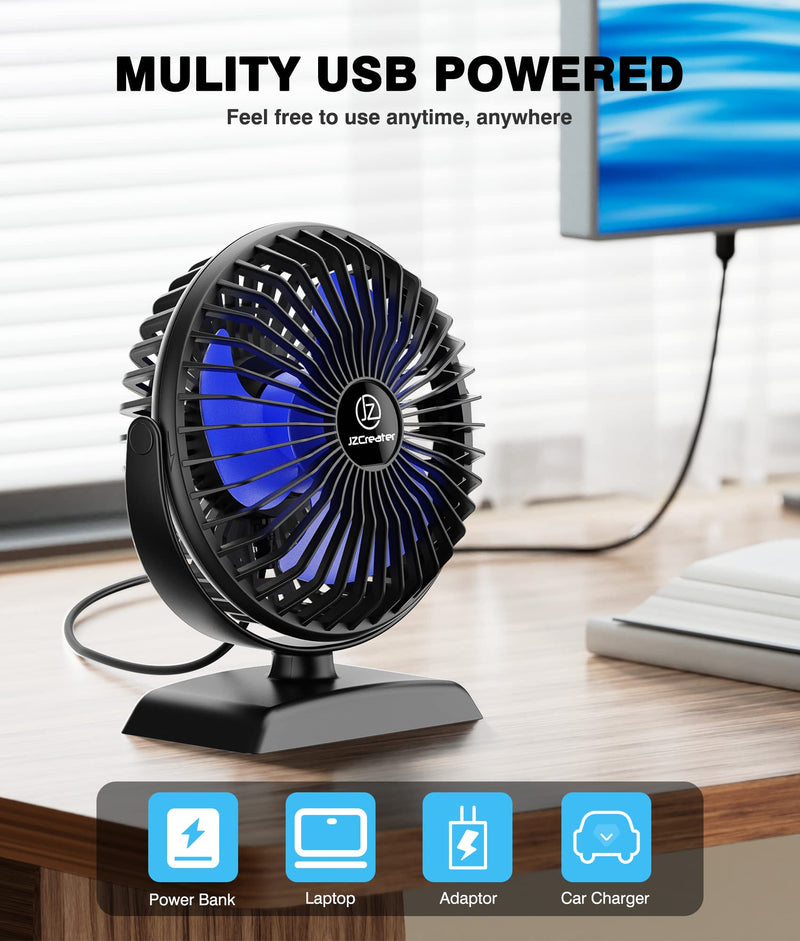 JZCreater USB Desk Fan, 2Pack USB Fan, 360 Rotation Desktop Fan with 3 Speed, Table Personal Cooling Fan, Quiet Mini Desk Fan, USB Powered, Small Fan for Home Office Bedroom Car Travel, Black Blue 2 Black Black x2