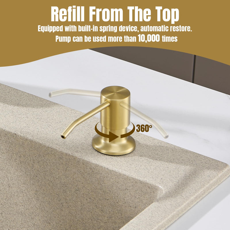 Built in Soap Dispenser for Kitchen Sink Countertop, Brushed Gold Stainless Steel Soap Dispenser Pump Head Refill from the Top with 11 Ounce Transparent Soap Bottle