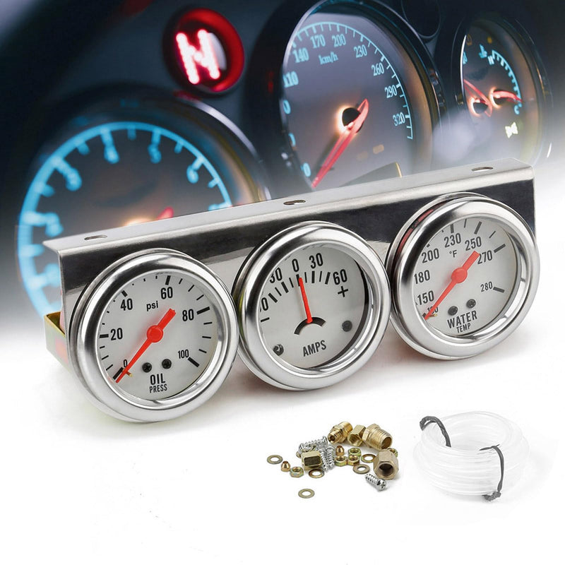 2'' 52mm Universal Chorme 12V DC Car Triple Gauge Kit Psi Oil Pressure Gauge Fahrenheit Water Temperature Temp Gauge Ammeter Gauge Set White Face Car Meter