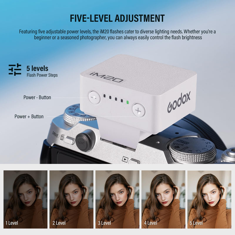 Godox iM20 Mini Flash for Sony zve10 Sony zv1 Ricoh gr3 470mAh | 440 Full-Power Flash 5 Levels Mini Flash Speedlite for Canon Nikon Fuji Olympus Camera White
