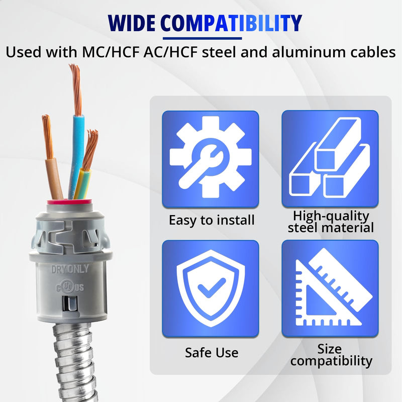 MAKERELE 3/8" Snap-in MC Connector for Steel & Aluminum MC/AC Cable - Fits 14/2 to 10/3 Metal-Clad Cable, 1/2" Knockout, Insulated Throat, Zinc Steel Electrical Conduit Fitting (40 pack) 40 Pack