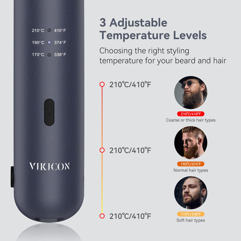 [AUSTRALIA] - VIKICON Beard Straightener for Men with 3 Heat Settings, Thin Hair Curler | Cordless Rechargeable Pencil Straighteners and Curler, Portable for Beard, Short Hair, Pixie Cuts, Daily Hair Styling, Black