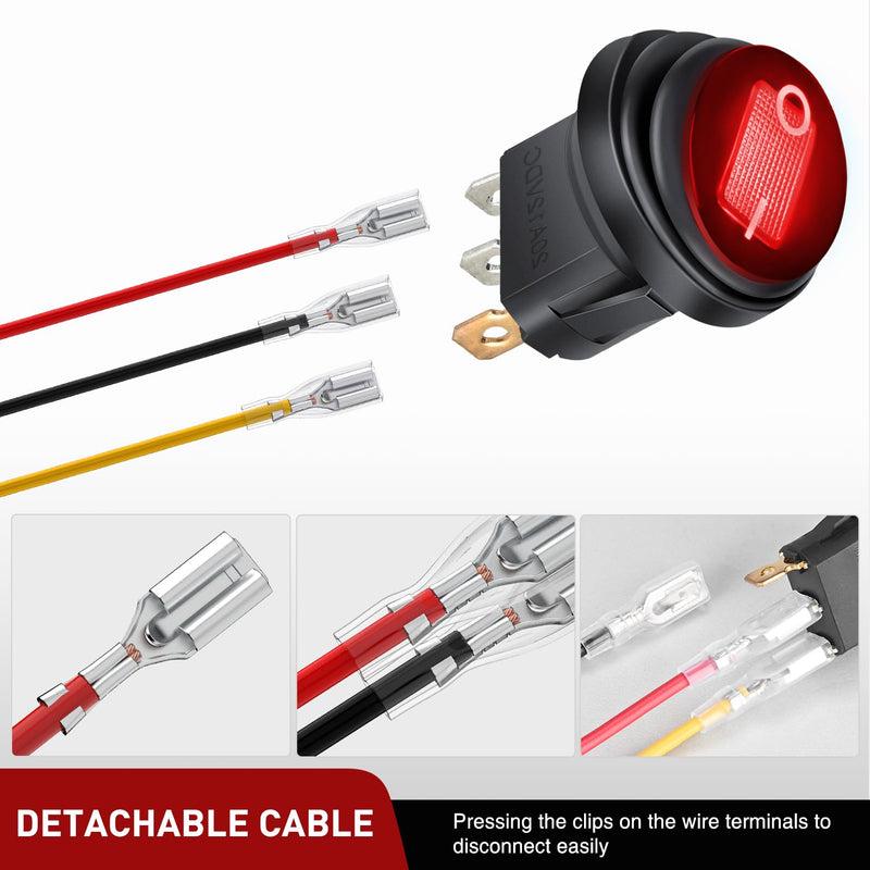 Nilight 5Pcs Waterproof Round Rocker Toggle Red LED Switch 12V 20A 3 Pin ON Off SPST for Car Truck Boat Marine Automotive RV with Locked Terminal Wires 5Pcs Red