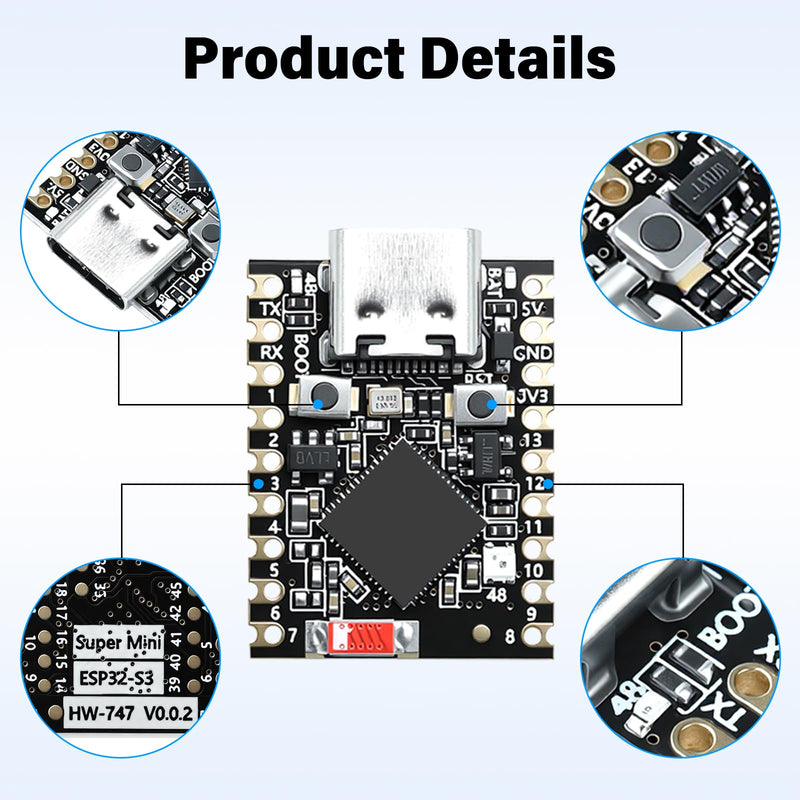 Aideepen 4-Pcs ESP32-S3 Mini Development Board, ESP32-S3 Dual-Core WiFi + Bluetooth 5.0 IoT Dev Kit, USB-C, 240MHz MCU, 2.4GHz Wireless Module, Low Power Embedded Board (No Soldered Header) S3-Black