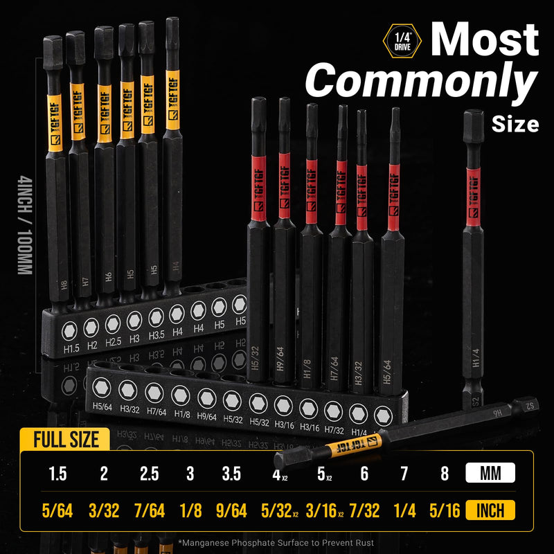 TGFTGF Impact Hex Head Allen Wrench Drill Bit Set, 24PCS, 4-inch (Metric & SAE), Premium S2 Steel 1/4" Hex-Shank Hex Bit Set, CNC Machined Magnetic Screwdriver Bit Set, Storage Box, Automotive Home 4" 24PCS (Metric&SAE) Yellow/Red