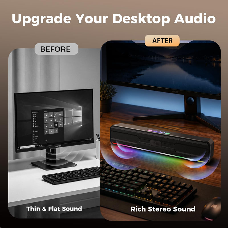 1Mii DeskRoar GT10 Computer Speakers for Desktop PC, Bluetooth 6.0 & USB | Clear Stereo Sound, 7 RGB Modes, Easy Button Controls, USB-C/USB-A for PCs & Laptops, Ideal for Work, Music