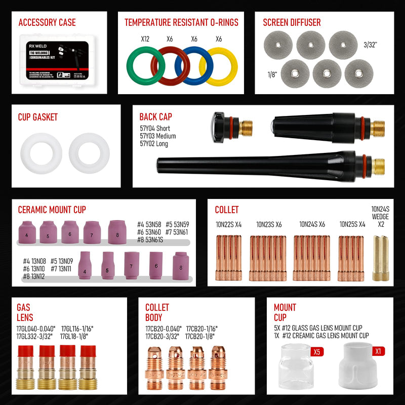 RX WELD 87PCS TIG Welding Accessories Torch Kit Stubby Gas Lens #10#12 lass Cup For WP-17/18/26 87 PCS