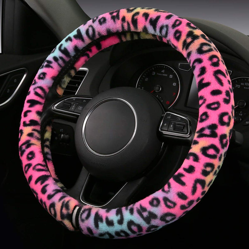 HEHA Fluffy Steering Wheel Cover for Women,Girly,Fuzzy Steering Decor,Plush, Leopard Print,Sweat-Absorb,Universal 15 Inch,Red (Fluffy-Leo) FLUFFY-LEO