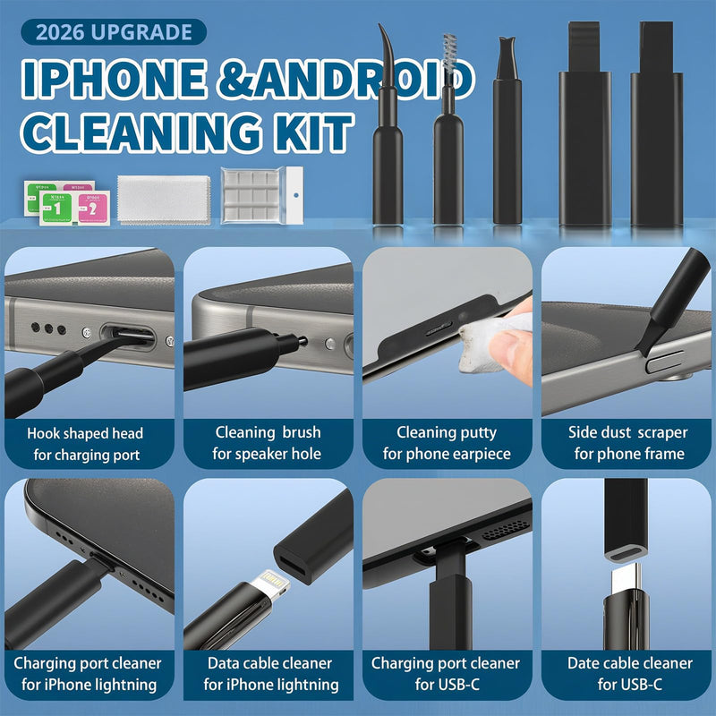 2026 Upgrade Phone Cleaning Kit 47PCS, iPhone Cleaning Kit, Airbuds AirPods Cleaning Kit, Keyboard, Charging Port Cleaner for Apple Lightning/Android USB-C - Includes Putty, Cloth & Wipes (Black) Black (47PCS)