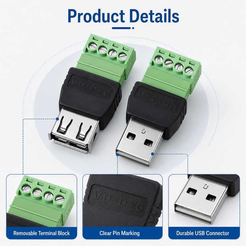 4-Pack Solderless USB 2.0 Type A Male/Female to 4 Pin Screw Terminal Block | DIY Electronics Projects, Repair & Power