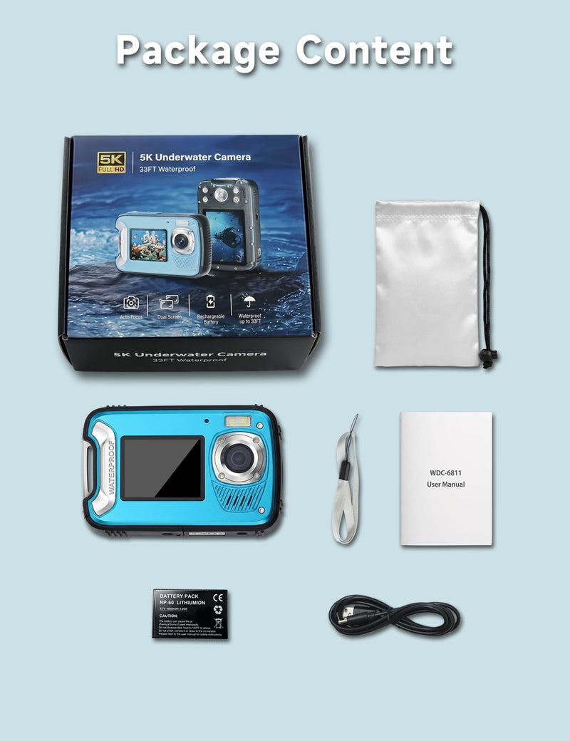5K Waterproof Camera, 96MP 33FT Underwater Camera with Dual Screens, Autofocus Digital Camera for Snorkeling, Scuba Diving, Surfing & Travel Blue