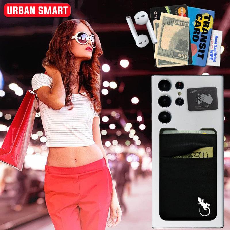 Double Pocket Gecko Phone Wallet - Smartphone Adhesive Card Holder - Cell Phone Pouch - Mobile Stick on Lycra Pocket by Gecko - Carry Credit Cards and Cash – (BLACK-WHITE) BLACK-WHITE