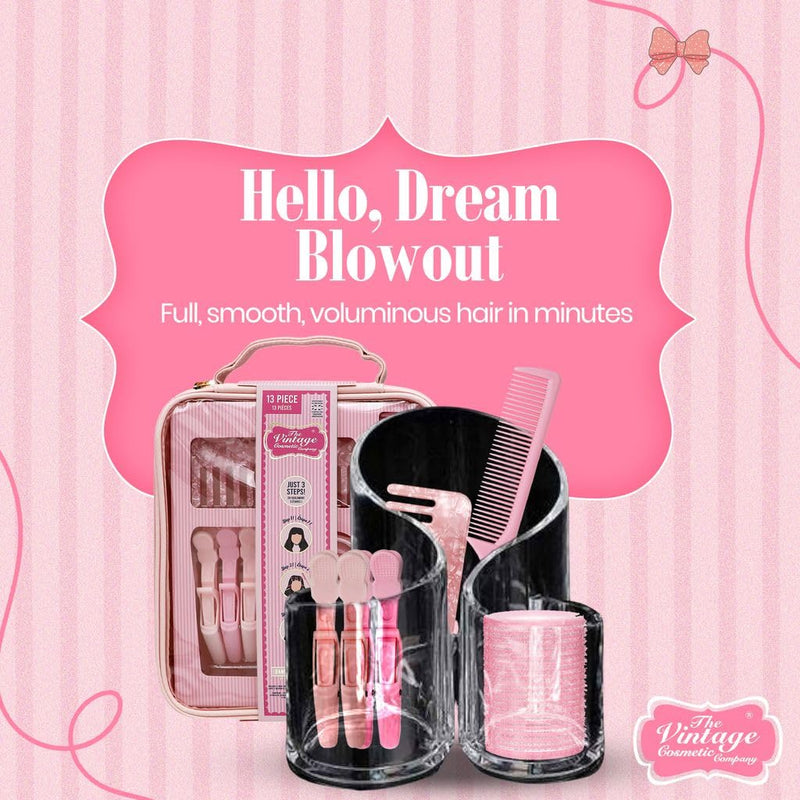 Vintage Cosmetic Company Blow Out Kit 13 Piece Hair Styling Set | 13 Piece Hair Styling Set with Wide Tooth Comb, Pin Tail Comb, Sectioning Clips, Hair Rollers and Travel Case. Complete Kit.
