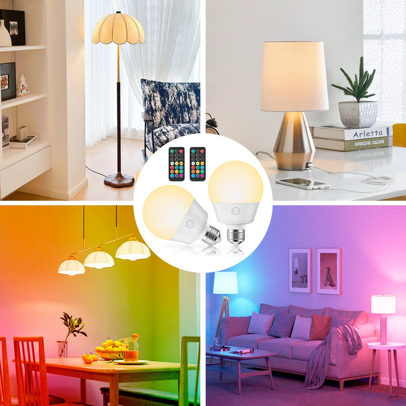Brightown E26 Rechargeable Light Bulb with Remote and Timer, Battery Backup Bulb for Sconces and Lamps, E26 Detachable Charging for Non-Hardwired Fixture, 3 Color Temperatures + 9 RGB Colors, 4 Pack