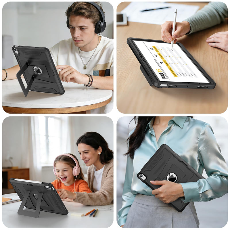 Soke Case for iPad Air 11-inch & iPad Air 5th/4th Generation 10.9-inch | Heavy Duty Protective Cover, Screen Protector, Multi Angle Kickstand, Hard PC Back & Shockproof TPU Bumper, Black