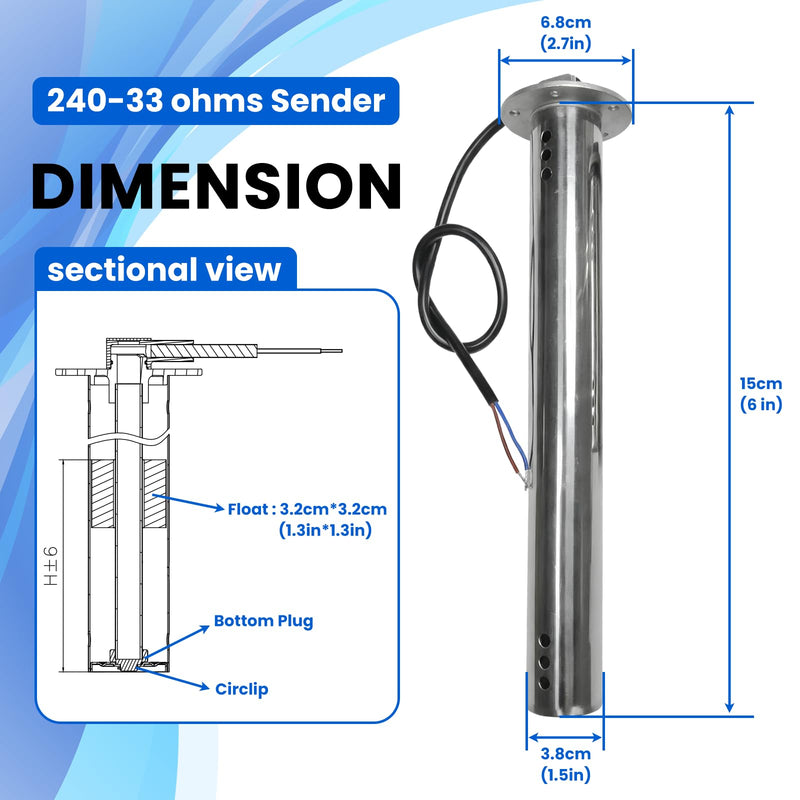 Sewage Level Sensor，Marine Holding Tank Level Sensor, Stainless Steel Fuel Water Level Sending Unit for RVs, Marine Holding Tanks, Boats, Vehicles，Generators (240-33 ohms Sender, 6"(150mm)) 6"(150mm) 240-33 ohms Sender