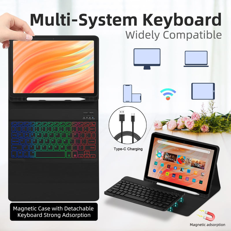 Tablet Case Keyboard for Amazon Fire HD 10/10 Plus 11/13th Generation | 10.1 inch 7 Color Rainbow Backlit Detachable Keyboard Magnetic Cover with Pen Slot HD 10 2021/2023 Black For HD 10&10 Plus 10.1 inch