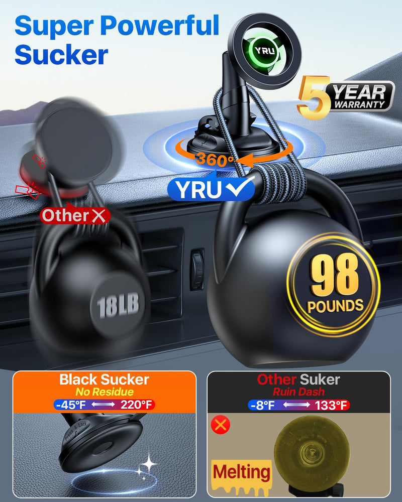 YRU [Truely Upgrade & Patent] Car Phone Holder for Magsafe [98+LBS Strongest Suction & Enhanced Magnetic] Dashboard Car Mount Windshield Vent Phone Stand for iPhone 17/16/15/14/13/12 Pro Max, Black