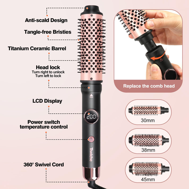 Thermal Brush Set, 3-in-1 Non-Blowing Heated Round Brush with Adjustable Temp, Fast Heating Titanium Ceramic, Dual Voltage, Hair Curling Iron with Detachable Barrels (30/38/45mm)