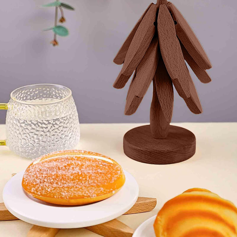 Wooden Cup Coaster Set，Tree Shape Trivet Set,Tree Coasters- 4 Wooden Trivets + 1 Stand stored for hot Dish/Pot/Bowl/teapot/hot Pot Set Brown