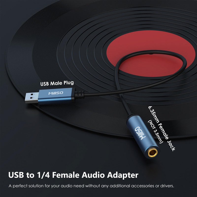MillSO USB to 1/4 Jack Audio Adapter Type-A to 6.35mm Female TRS Headphone Aux Adapter Stereo USB External Sound Card for Laptop, PC, Amplifier, Speaker, 6.35mm Headphone 12 inch USB-A Male to 1/4 Female