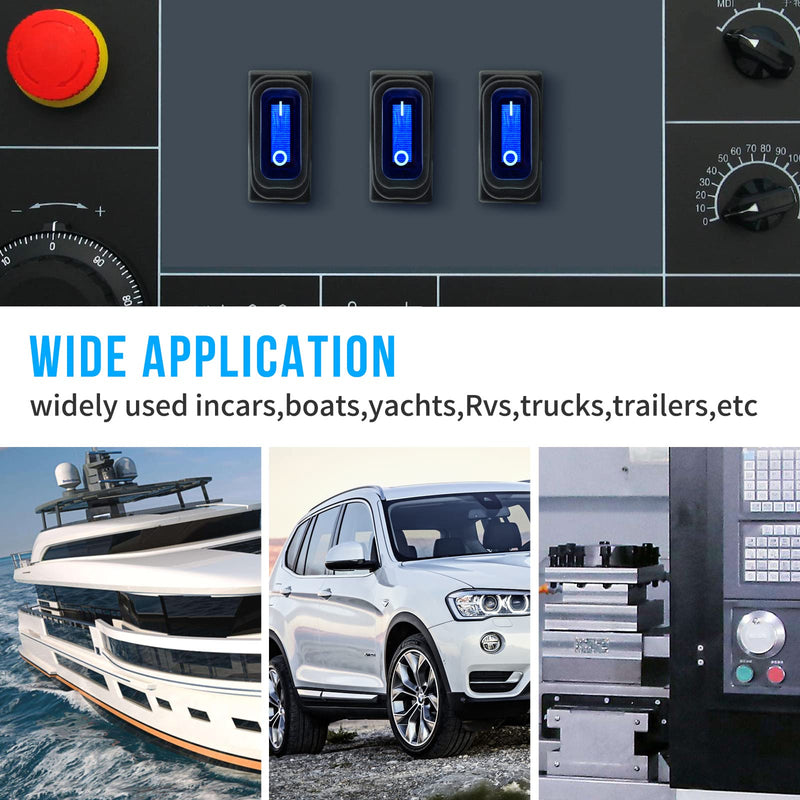 12v Rocker Switch Waterproof 5 PCS - 12 Volt Toggle Switch with 3 20cm Detachable Wires, SPST 3 Pin On Off Switches Snap-in Design Square Switch with Blue LED Light for Car Boat Marine RV Truck KCD3