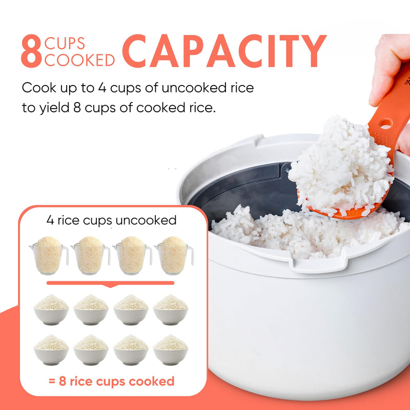 Microwave Rice Cooker Steamer and Pasta Cooker with Strainer - Mess-Free Design, Dishwasher Safe, Cooks Up to 8 Cups Zwippy v2.0