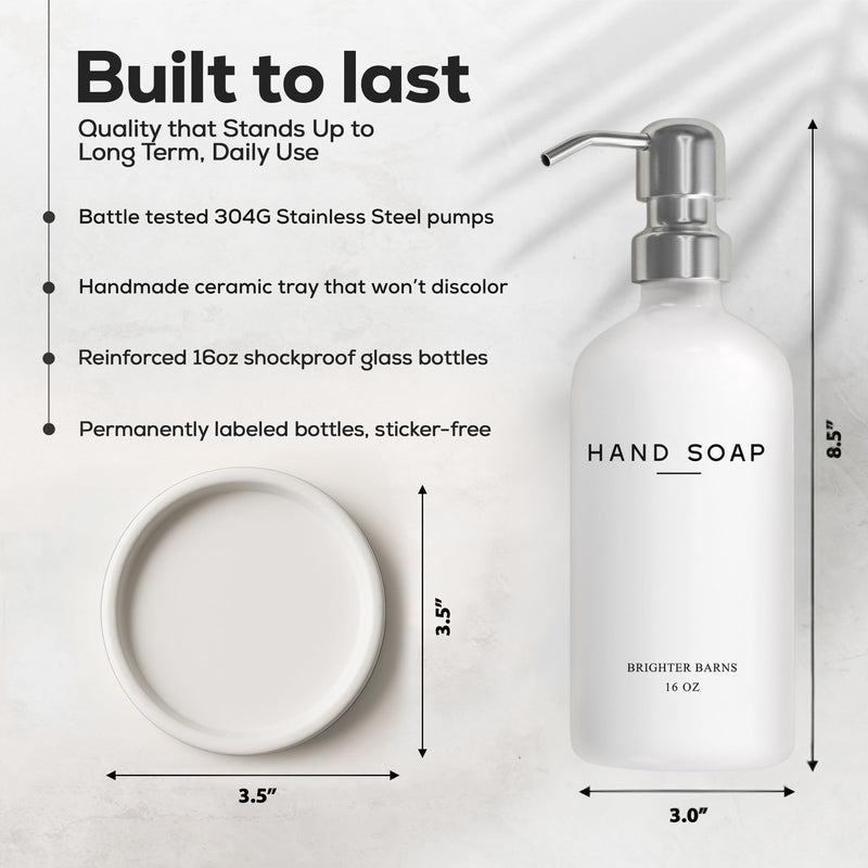 White Glass Hand Soap Dispenser Bathroom Set by Brighter Barns - Bathroom Soap Dispenser Set with Ceramic Tray - Refillable Glass Bottle Pump - Modern Home Decor for Airbnb, Hotel, Restaurants (White) Silver 1