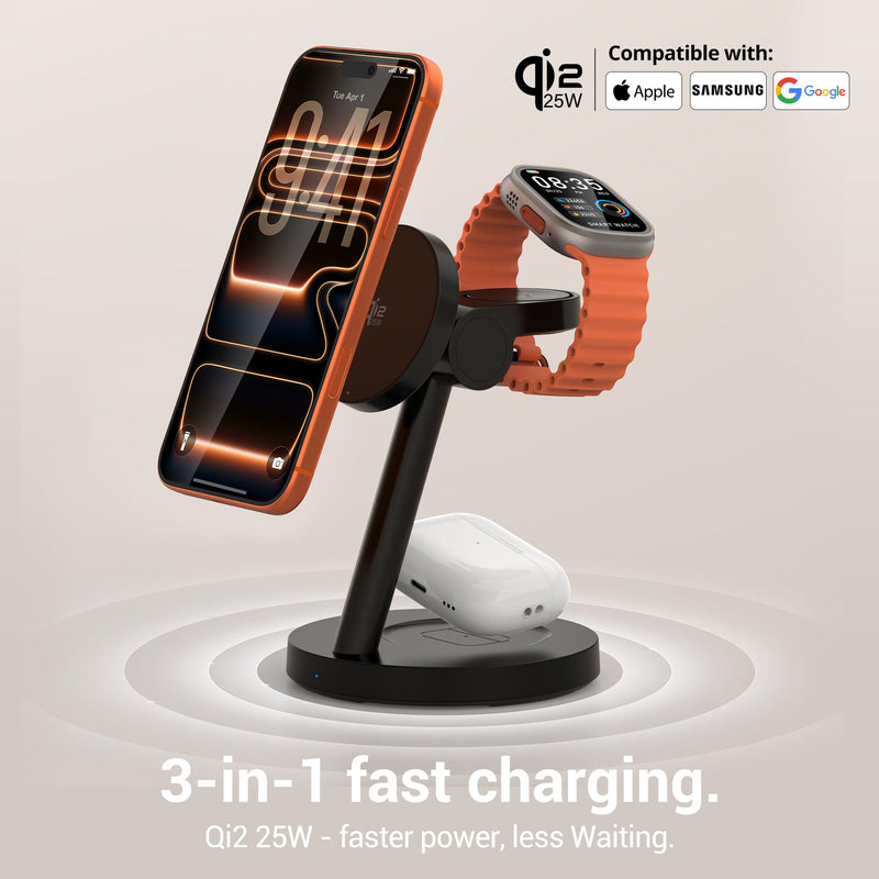 25W Qi2.2-Certified 3-in-1 MagSafe Charger for Apple Samsung | Fast Wireless Charger, Magnetic Charging Station for iPhone 17 Galaxy S26, 45W PD Adapter, Portable for Travel Bedside Office