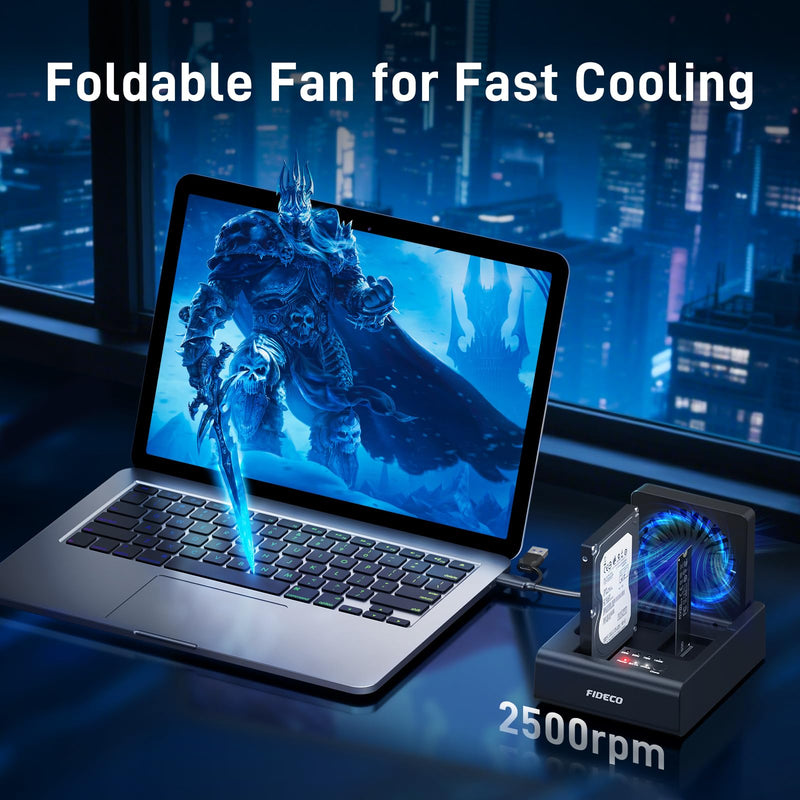 FIDECO USB C Docking Station for M.2 NVMe SSD and 2.5"/3.5" SATA HDD with Bidirectional Offline Clone, M.2 NVMe to USB Adapter Cloner, SSD Reader with Foldable Cooling Fan, Ultimate Heat Dissipation