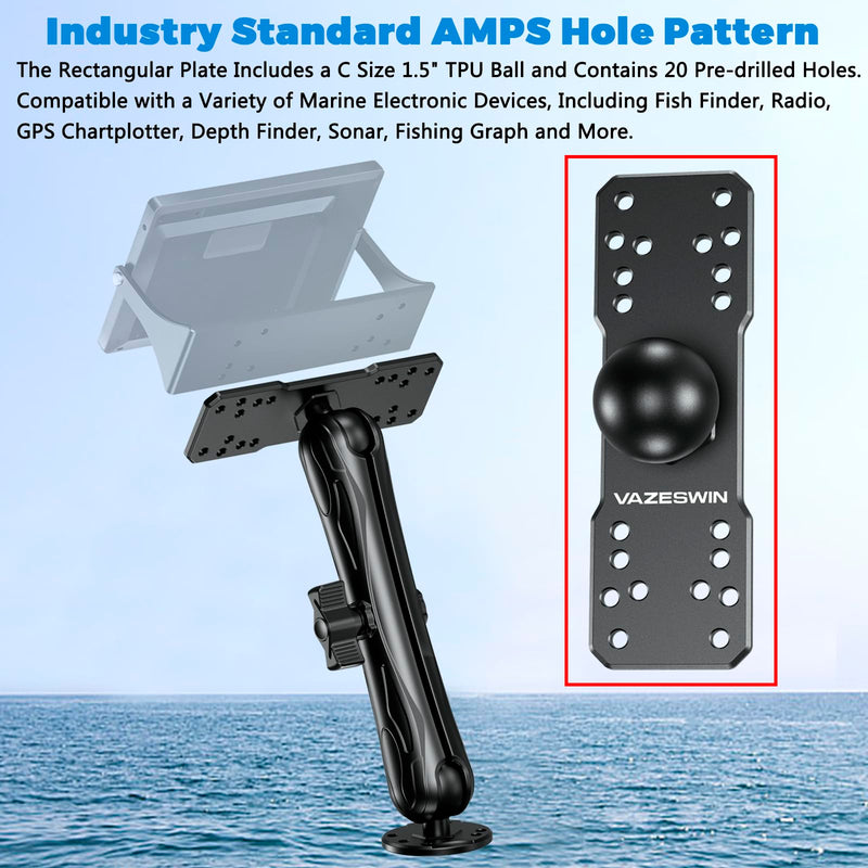 VAZESWIN 1.5" Ball Aluminum Alloy Fish Finder Mount, AMPS Rectangular Plate | for RAM Mounts C Size 1.5" Ball Double Socket Arm, Universal Marine Electronic Mounting Plate for Garmin/Lowrance/Humminbird