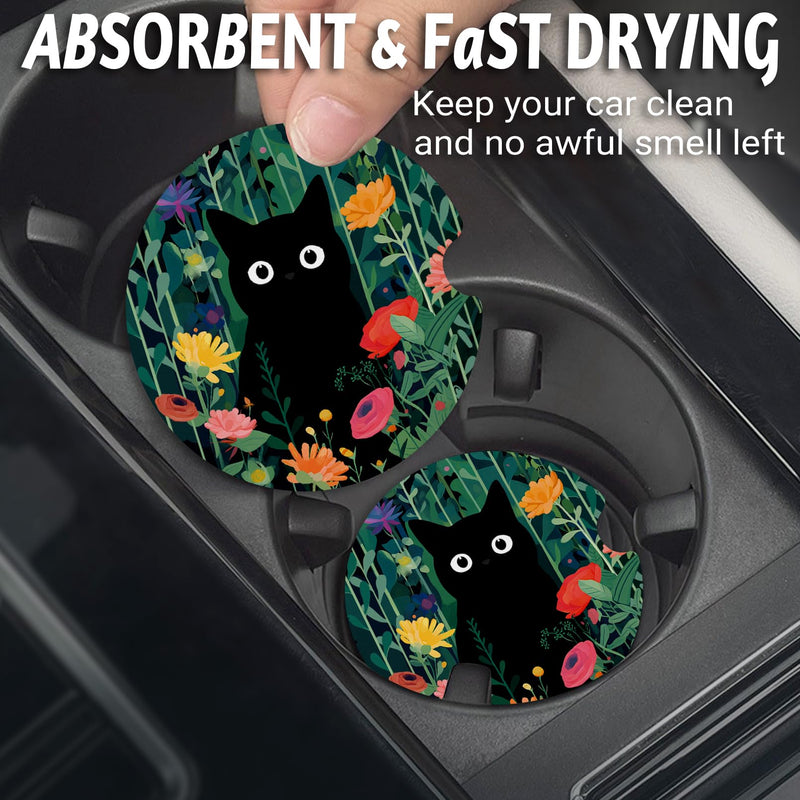 Car Coasters for Cup Holders，2.75" Anti Slip Rubber Mat with A Finger Notch, 2 Pack Car Cup Holder Coasters for Car Interior Accessories for Women Men Flower Balck Cat