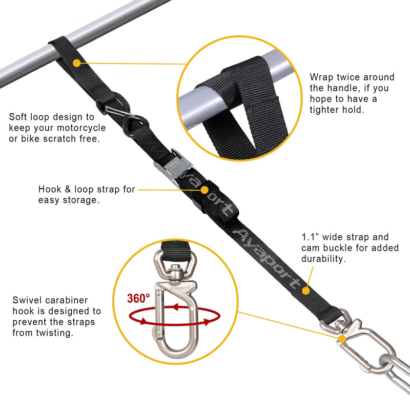 Ayaport Motorcycle Tie Down Straps 1.1” x 7’ (with Swivel Carabiner Hooks) Cam Buckle Tie Downs, Handlebar Strap for Dirt Bike, Motor Bike, Kayak, Car, Truck, Boat, Cargo, Black (1.1" x7'-2pcs) 1.1''x7'-2pcs
