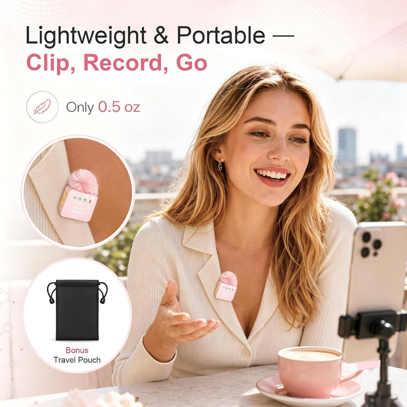 2 Mini Wireless Lavalier Microphones for iPhone & Android, Noise Cancelling, Plug & Play, 60H Battery with Charging Case, Portable Lapel Mic for Content Creators, Podcast, Streaming (Pink) Pink 2