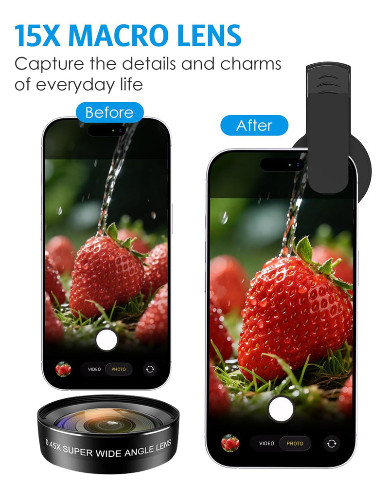 Phone Camera Lens Kit, 0.45X Wide Angle + 15X Macro Lens | 2 in 1 Lens Attachment for iPhone 17/16/15/14/13, Phone Clip-on Lens for iPhone/Android, Includes Travel Bag