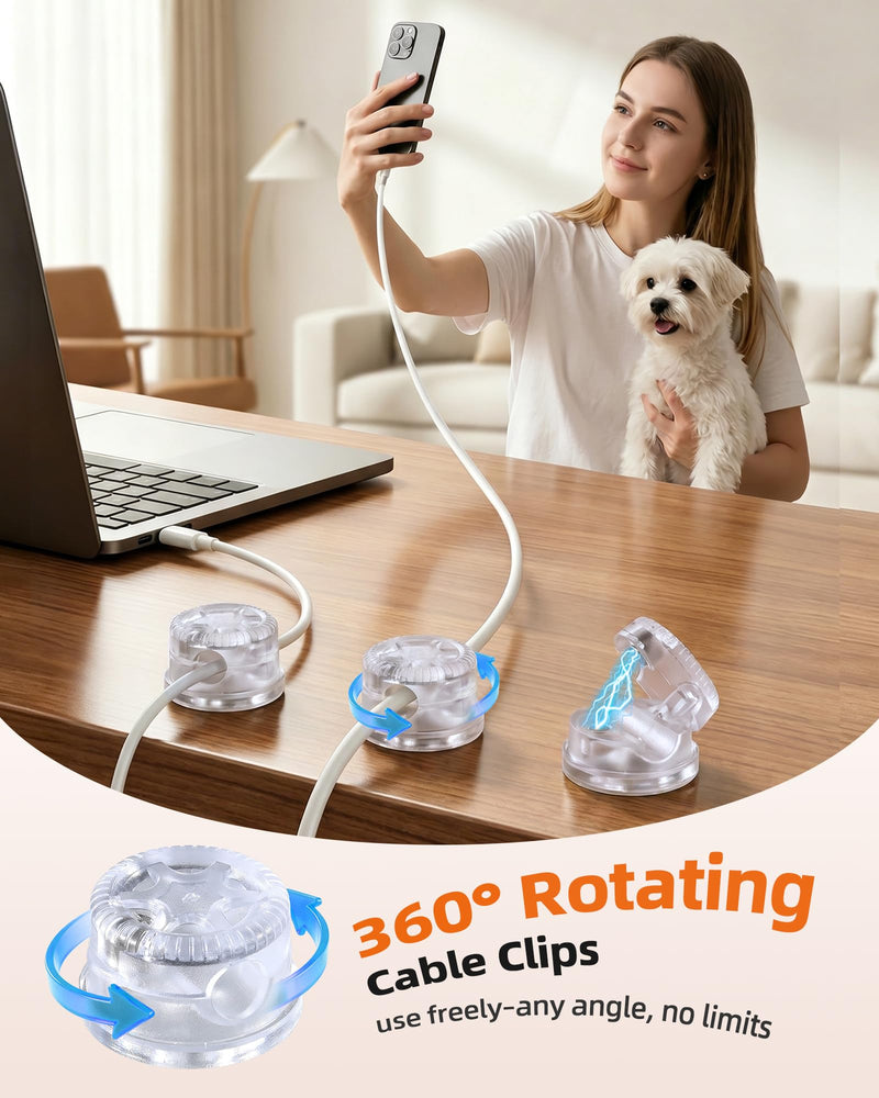 AGPTEK 8 Pack Magnetic Cable Clips, 360° Rotatable Cord Holder, Clear | Adhesive Desk Cord Organizer for Nightstand, Home Office Wire Management Wire Keeper for Phone Charger USB Charging Cables