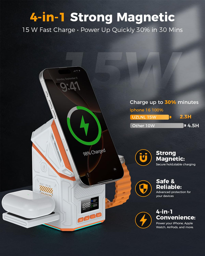 3-in-1 Wireless Charger Stand, Qi2 Certified 15W Fast Charging Station for iPhone 17 Pro, Auto-Rotation Mag-Safe Charger with Active Cooling Fan, Digital Clock & Monitor for Apple Watch, AirPods